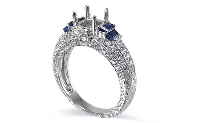 14K White Gold Sapphire With Diamond Ring Mounting