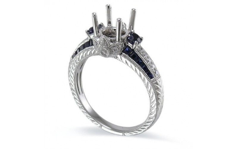 14K White Gold Sapphire With Diamond Ring Mounting