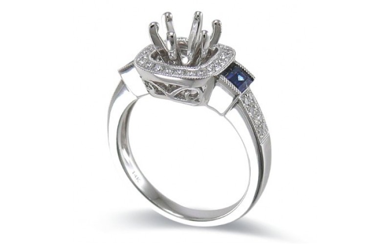 14K White Gold Sapphire With Diamond Ring Mounting