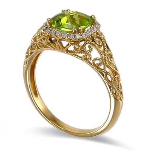 14K Yellow Gold Peridot With Diamond Ring