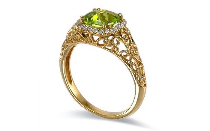 14K Yellow Gold Peridot With Diamond Ring