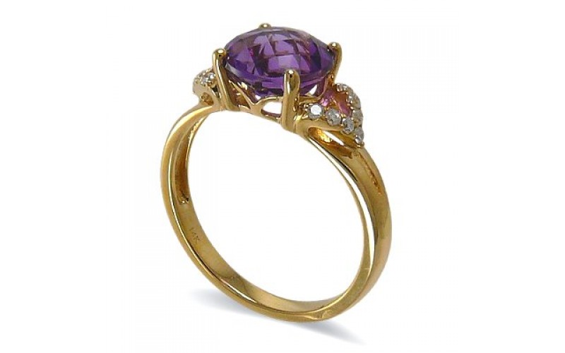 14K Yellow Gold Amethyst With Diamond Ring