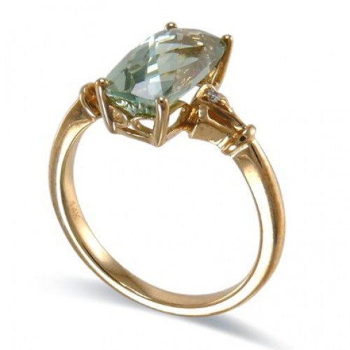 14K Yellow Gold Green Amethyst With Diamond Ring