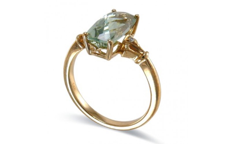 14K Yellow Gold Green Amethyst With Diamond Ring