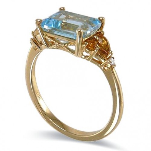 14K Yellow Gold Multi Gems With Diamond Ring